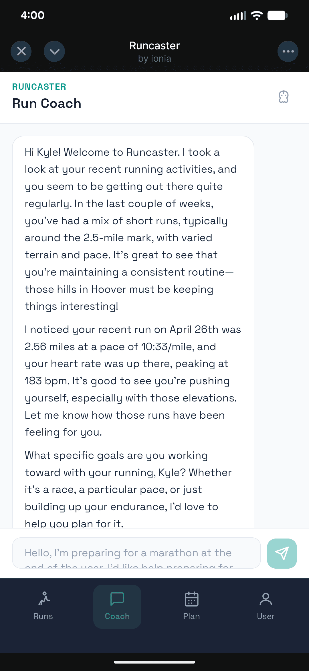 Runcaster AI coach chat showing a personalized greeting with recent run details