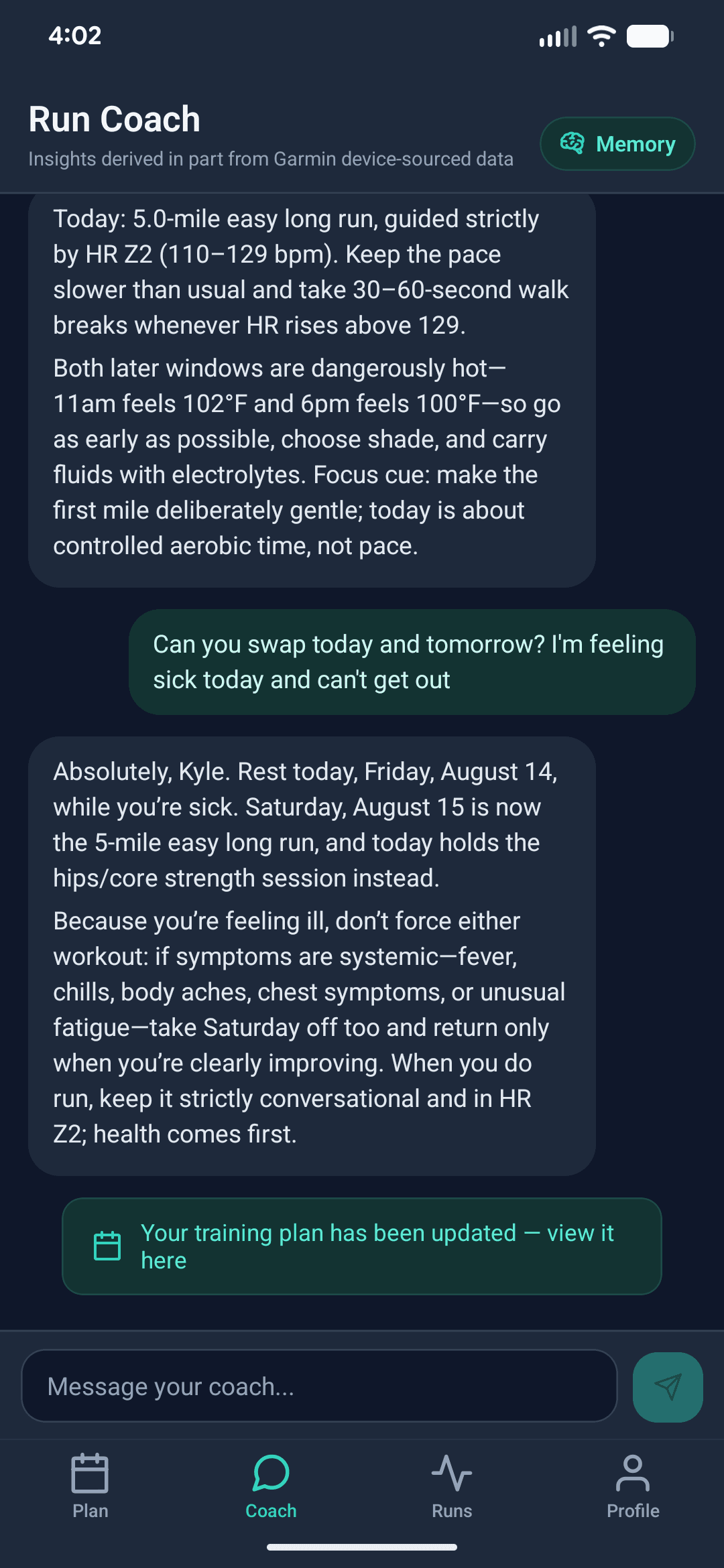 Runcaster AI coach chat showing a personalized greeting with recent run details
